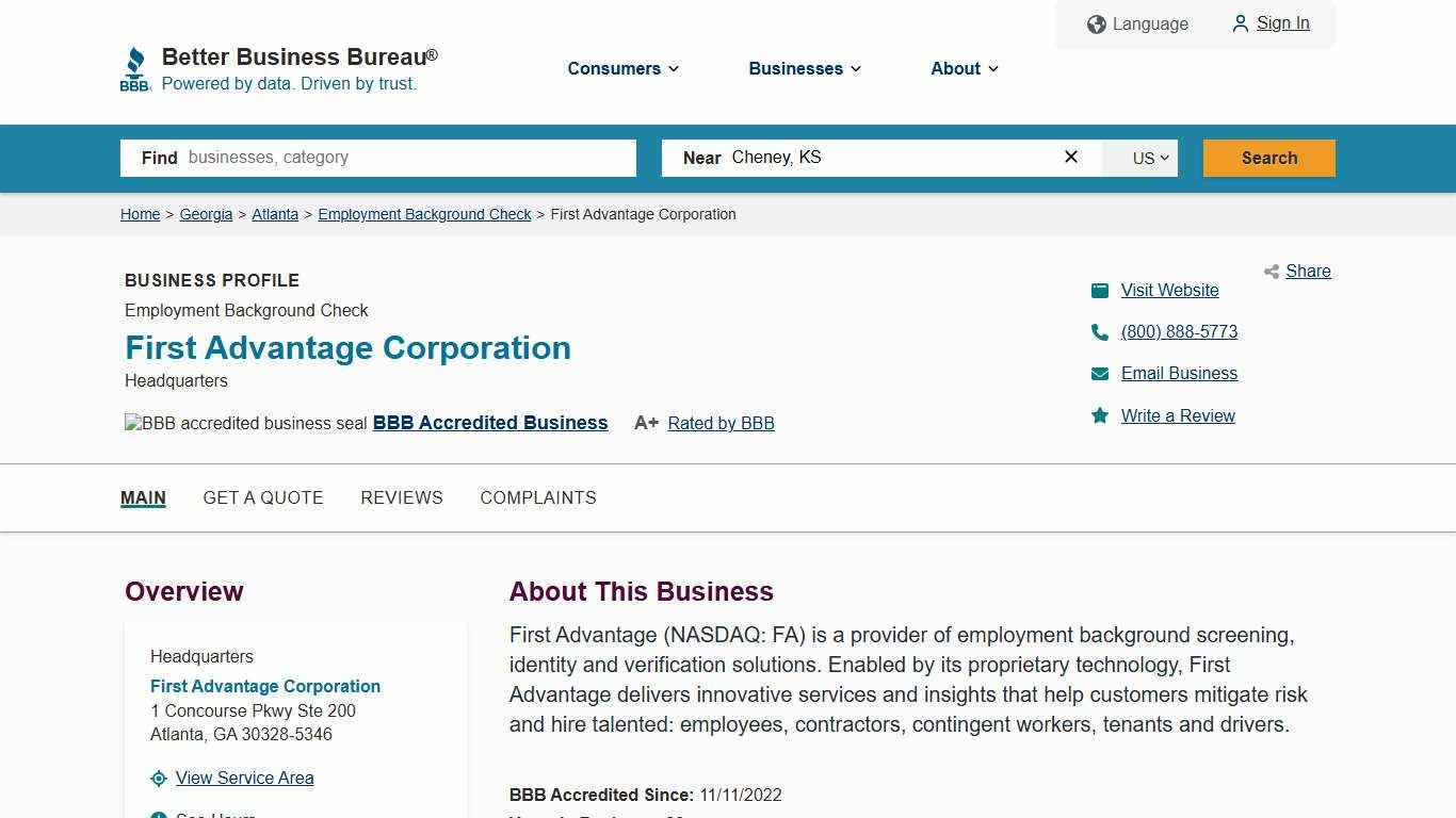 First Advantage Corporation BBB Business Profile Better Business Bureau